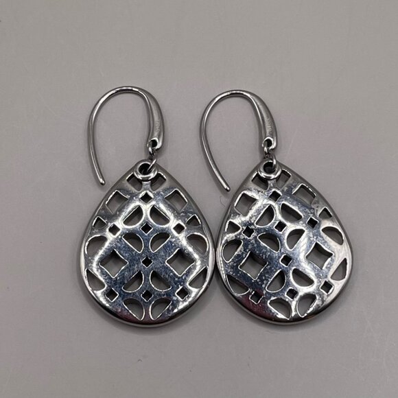 Vintage Fossil Steel Silver Tone Filigree Dangle Drop Statement Earrings - Picture 2 of 2